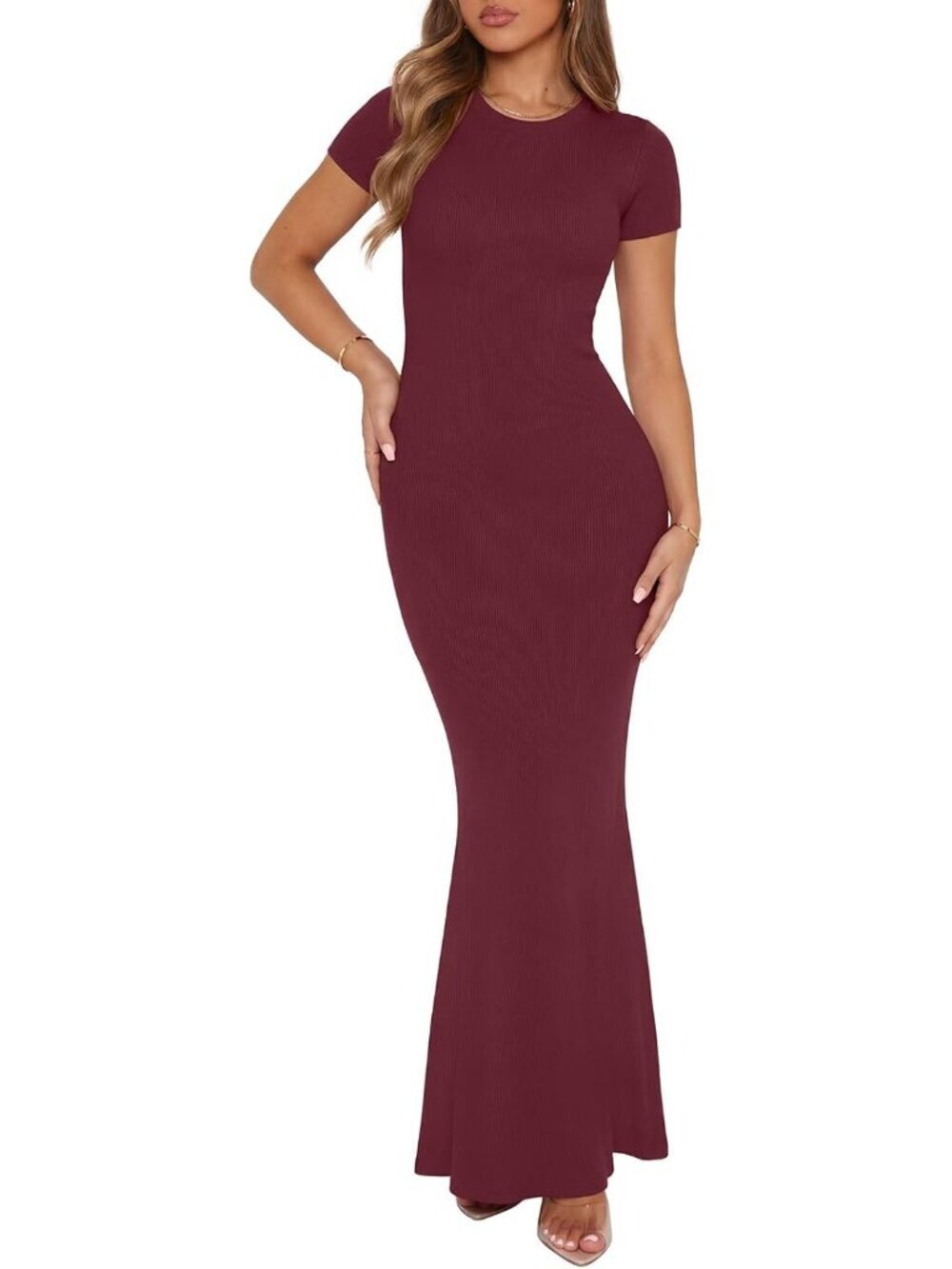 Women's Burgundy Summer Casual Lounge Long Dress Elegant Short Sleeve Maxi